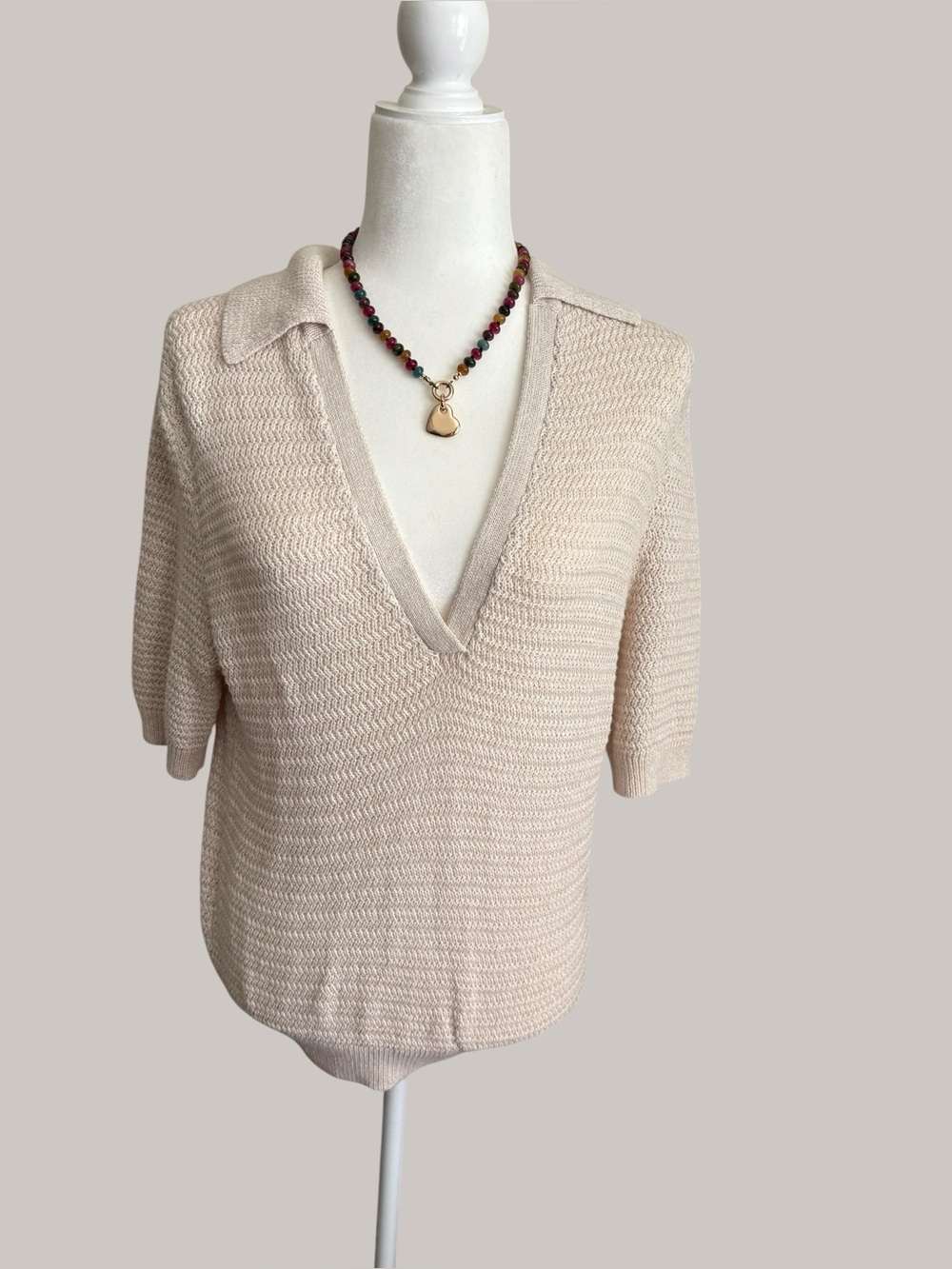 The Reset Cream V-Neck Short-Sleeve Knit Sweater with Collar